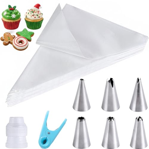 HAKACC Einweg Spritzbeutel Set, 100 Stück Spritzbeutel mit 6 Edelstahl Tüllen, 1 Adapter und 1 Clip, Backzubehör für Weihnachtsbäckerei, Cupcakes, Kuchen Deko und Gebäck