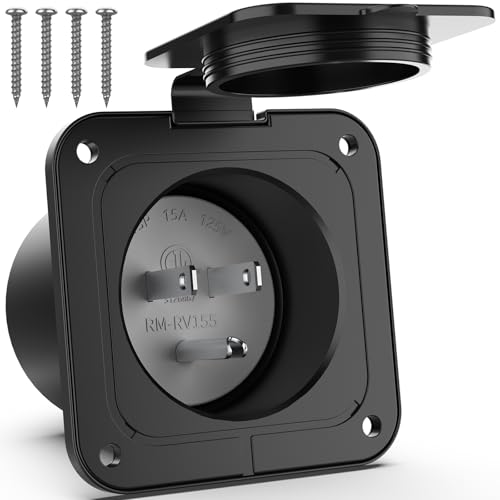 WELLUCK 15 Amp Flanged Inlet 125V, NEMA 5-15 RV Shore Power Inlet Plug w/Waterproof and Back Cover, 2 Pole 3-Wire AC Port Plug, Generator Male Receptacle for Marine Boat RV Shed Electrical Extension