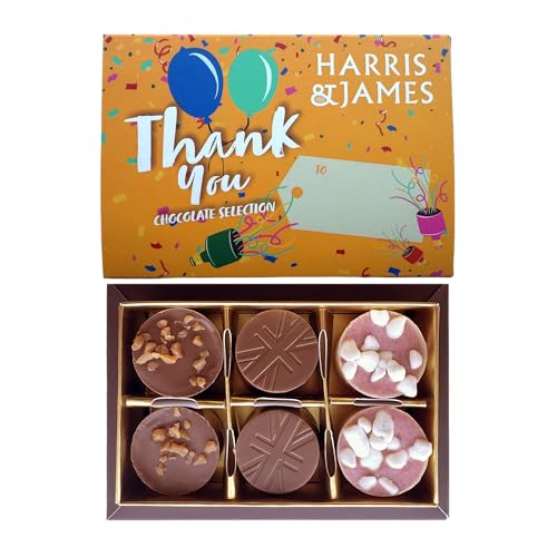 HARRIS & JAMES - Thank You Gift Box (6 Pack) Filled With Milk and White Chocolate Truffles. Handcrafted Chocolate In Three Flavours Eton Mess Salted Caramel & Biscuit Royal.