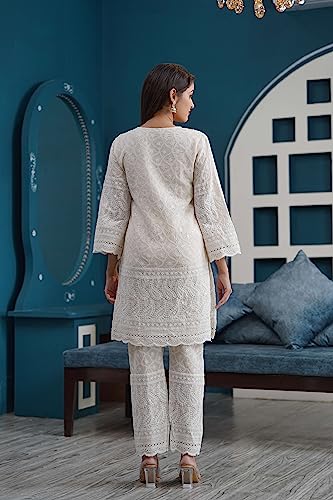 Chikankari Kurtis for Women Pakistani Salwar Kameez Suit Set Indian Dresses Cream White Kurti Pant & Dupatta Set2