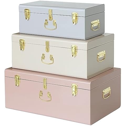 Vixdonos Decorative Box Set of 3 Metal Trunks Chest with Safety Lock Clasp for Treasure Organization and Home Dorm Decor,26.8x16.5x11Inches Cover
