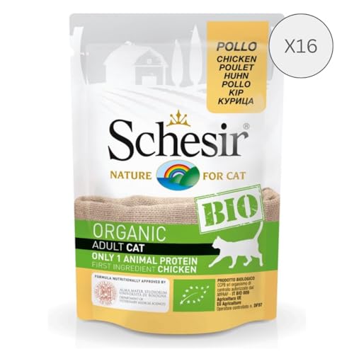 Schesir BIO, Vollwertige Nassnahrung für Katzen, Hähnchenpaté, Ohne Getreide, In Beuteln, Glutenfrei, 16 x 85 g
