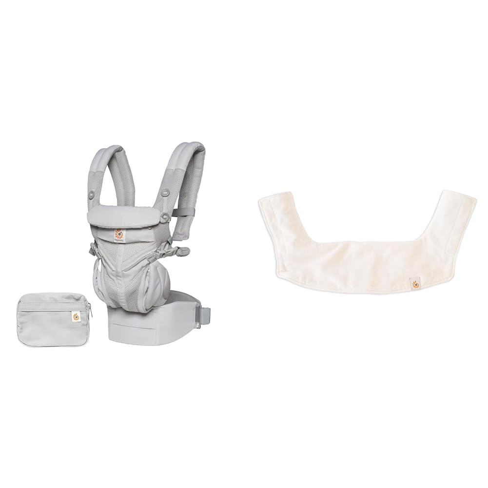 Ergobaby Bundle aus Omni 360 Cool Air Mesh 4-Positionen Babytrage, Pearl Grey + Schultergurtschoner und Latz, Teething Pad für Ergobaby Babytragen, Natural