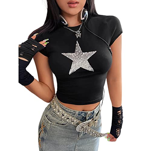 Camisetas vintage de encaje con volantes para mujer, otoño Fairycore Grunge Kawaii de manga larga, camisetas de amarre retro y2k ropa estética, Negro-g, L