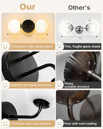 Image of Yunnix Black Bathroom Vanity Light, Modern Globe Vanity Light with Milk White Glass Shade, Mid Century Vanity Lighting Wall Sconce for Mirror, Bathroom Hallway Entryway (2 Pack, Bulbs Not Included)