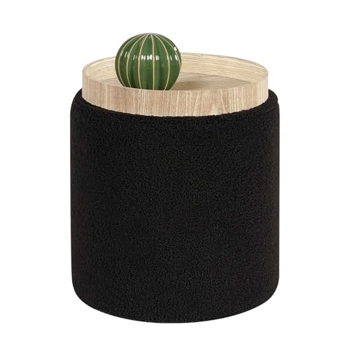 Bonlife Round Ottoman Coffee Table with Storage,Boucle Vanity Stool Chair for Makeup,Upholstered Footstool for Living Room,Bedroom,Black,34x34x38cm