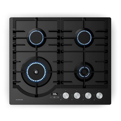 Klarstein Ignito Plaque de Cuisson Gaz, 4 Brûleurs Aluminium, 8000W, Minuterie, Sécurité Flamme, Fonte, Allumage Électrique, 60x51cm, Plaque Gaz GPL &...