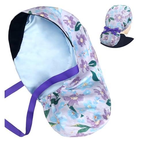 ABAMERICA Scrub Caps for Women Surgical Caps Nurse Hat Functional Ponytail Holder for Long Hair Single or Satin-Lined A- 79 Satin Lined Purple Floral