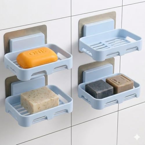 Image of Self Adhesive Soap Holder for Bathroom Wall | Plastic Soap Stand with Drain Tray | Wall Mounted Soap Dish | No Drilling Bathroom Soap Holder (Rectangular Blue 04)