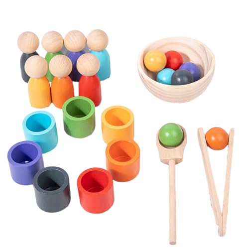 WOODENFUN Regenbogen Bälle in Tassen Montessori Spielzeug für Kleinkinder für 1 2 3Jahr Vorschule Holzspiele zum Lernen Farbsortieren und Zählen (7-Farben)