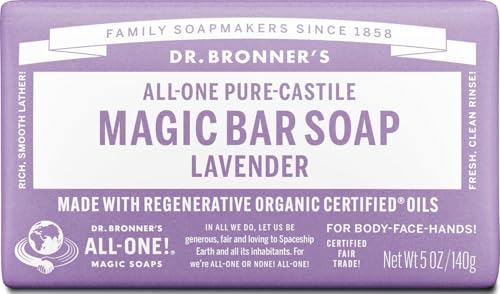 Image of Dr. Bronner's Pure-Castile Soap Bar, Lavender, 5 oz, 1-Pack | Vegan Formula, Calming Aroma, Shower Routine, Bath Use, Face Cleanser, Hand Care, Organic Oils, Daily Personal Care