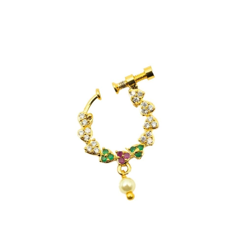 Gold Plated Nose Ring with Pearl Drop, Floral Design with Green and Pink Cubic Zirconia Stones, Traditional Style, Screw Back Closure-image-27