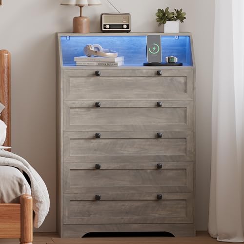 Image of Wodeer Grey Dresser Tall 5 Drawer Dresser for Bedroom, Wood Chest of Drawers with LED Lights, Charging Station, Metal Handles, Modern Storage Cabinet and Organizer Drawers for Living Room, Hallway