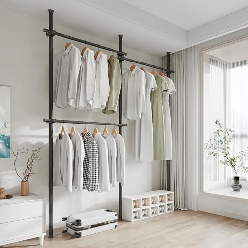 Kgfvesdc ハンガーラック 突っ張り ハンガー ラック つっぱり棒 物干し 横幅伸縮 クローゼット ポールハンガー 高さ無段階調節 頑丈、自由に組み合わせ可能 寝室/クロークに適しています つっぱり棚 強力(黒/高さ110-300cm 幅は80-12