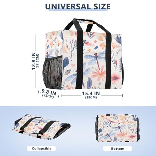 Large Waterproof Travel Tote Bag for Women Men, Wildflowers Dragonfly Leaves Canvas Beach Bag with Lining & Pockets - Reusable Grocery/Laundry/Kitchen/Pool/Picnic Tote (15.4x9.8x12.8in)3