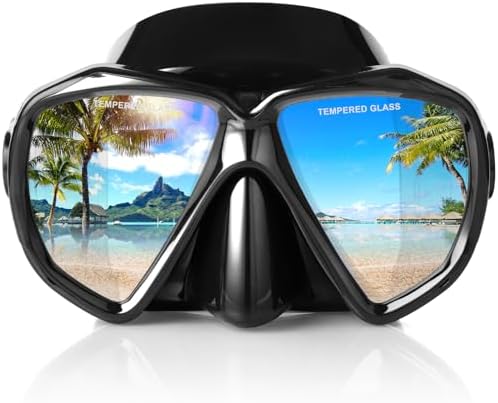 Snorkel Diving Mask Panoramic HD Swim Mask, Anti-Fog Scuba Diving Goggles,Tempered Glass Dive Mask Adult Youth Swim Goggles with Nose Cover for Diving, Snorkeling, Swimming (All-Black)