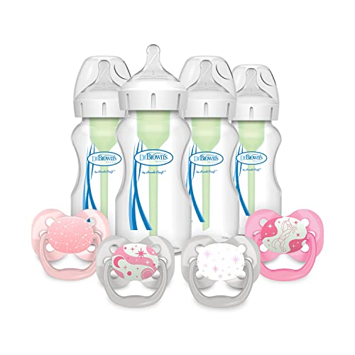 Image of Dr. Brown’s Natural Flow® Anti-Colic Options+™ Wide-Neck Baby Bottle, 9 oz/270 mL, Level 1 Nipple, 4-Pack, 0m+ with Advantage Symmetrical Pacifier with Air Flow, Pink 4-Pack, 0-6m