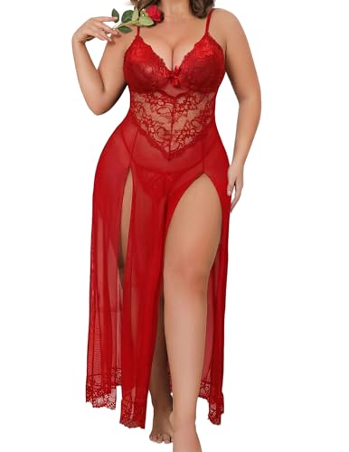 Image of Alrovetoney Plus Size Lingerie For Women Babydoll Sexy Mesh Maxi Nightdress Exotic Sleepwear Side Slits