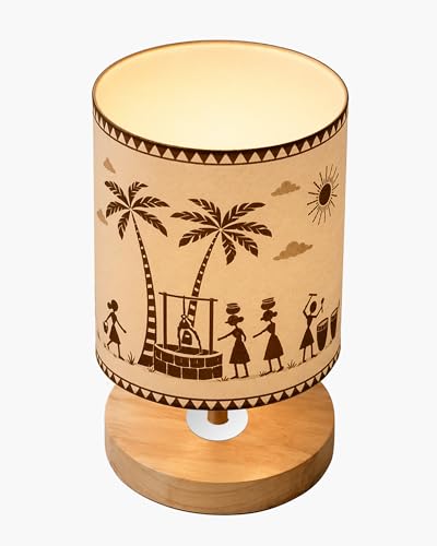 Image of Homesake Pine Table Lamp Wooden Bedside Lamp Simple Bedroom Light Linen Shade Mini Desk Lamp Nightstand Lamp for Bedroom, Living Room, Gift, (Warli Art of India Shade Cylinder)