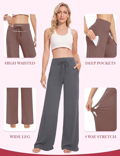 Image of Showitty 1 /3 Pack Women's Wide Leg Pants with Pockets, Casual Loose Pajama Palazzo Trousers Sweatpants for Yoga Lounge