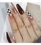 FURUBETA Press on Nails Long Coffin French Fake Nails Full Cover Brown Acrylic Nails for Women an...