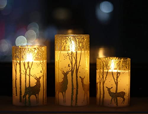 Image of GenSwin Glass Flameless Candles with Elk Decor and Remote Timers, Battery Operated Moving Wick Led Flickering Light, Set of 3 Real Wax Pillar Candles for Christmas Home Decoration