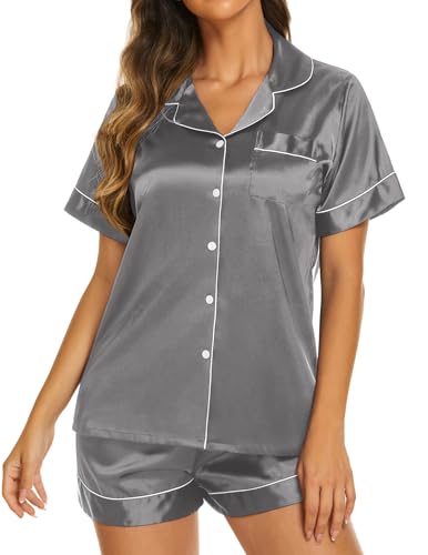 Image of Ekouaer Silk Pajamas for Women Short Sleeve Sleepwear Soft Button Down Loungewear 2 Piece Satin Pjs Shorts Set