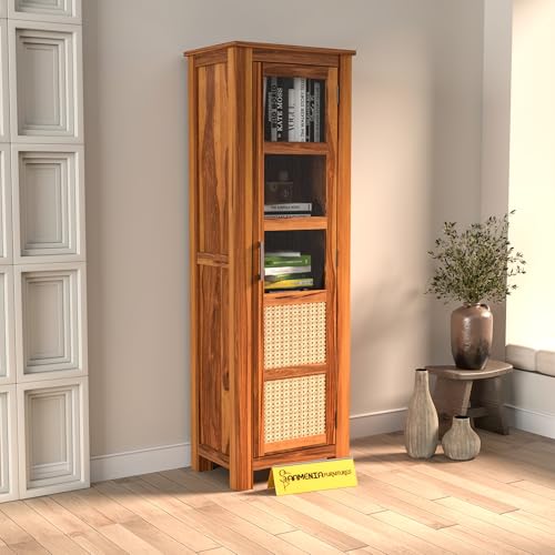 Image of Solid Sheesham Wood Bookshelf with Acrylic Glass Door | Rosewood Kitchen Cabinet with Storage Shelves for Dining Room & Office (B-Natural Finish)