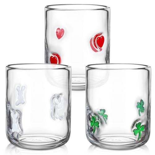 Skylety 3 Pack Holiday Icon Juice Glass Set, Easter Bunny Juice Glasses St. Patrick's Day Shamrock Drinking Cup and Heart Cocktail Glasses for Holiday Celebrations, Parties, and Gifts