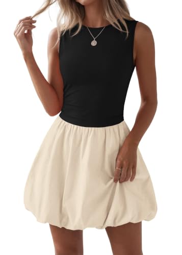 Image of KIRUNDO Summer Dresses for Women 2026 Cute Mini Sleeveless Bubble Dress | Stretchy Ruched Front Cinched Waist, Woven Balloon Skirt, Crewneck Tank Sundress With Pockets, Casual Party Vacation Outfits