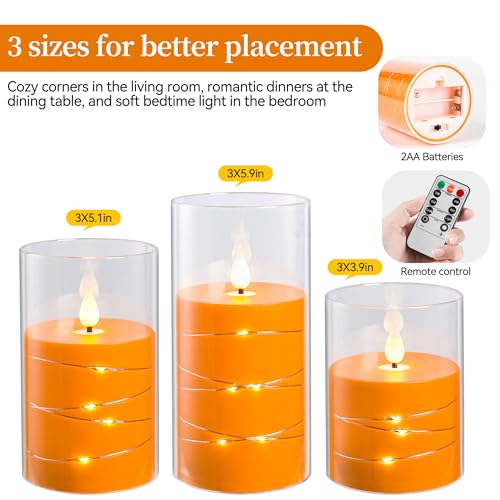 Image of Da by Flickering Flameless Candles with Remote,Acrylic LED Candles with Embedded Star String,Battery Operated Candle, for Home and Holiday Decoration Set of 3(Orange) (Pack of 2)