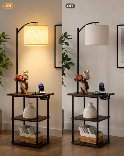 Image of Homesake Modern Floor Lamp with Wooden Shelves & Charging Station | Bedside Lamp with USB Port, Power Outlet | Corner Light, Space-Saving Side Table Lamp for Living Room & Bedroom (Walnut, Off-White)