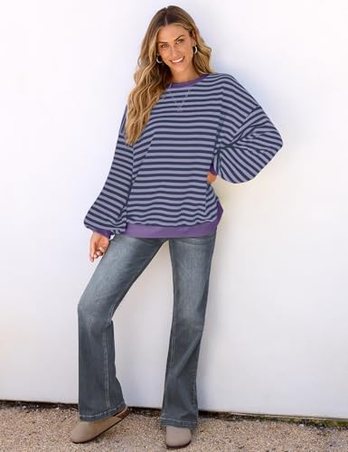 Image of UEU Women Oversized Striped Crewneck Sweatshirt Long Sleeve Color Block Pullover Tops Casual Loose Workout Shirt