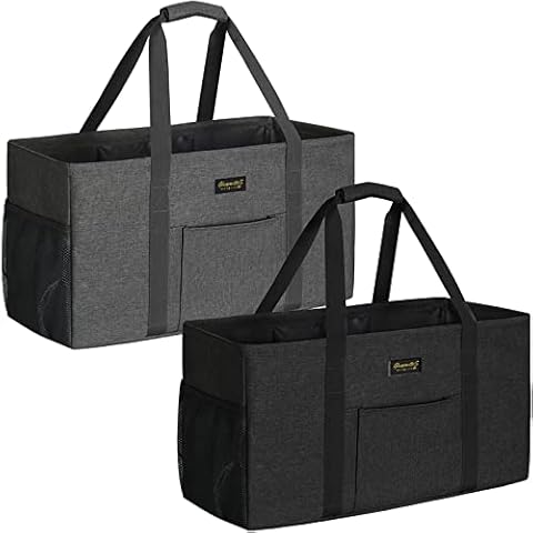 GhvyenntteS Extra Large Utility Tote Bag with Metal Wire Frame & Reinforced Bottom Board, Standing, Waterproof, Collapsible, Grey & Black, 2 Pack Cover