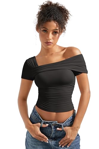 SUUKSESS Women One Off The Shoulder Summer Tank Tops Ruched Short Sleeve Shirts3