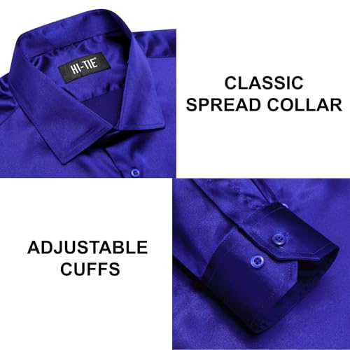 Image of Hi-Tie Men's Silk Satin Dress Shirts Long Sleeve Shiny Casual Button Up Shirts Luxury Party Disco Prom Wedding Shirt