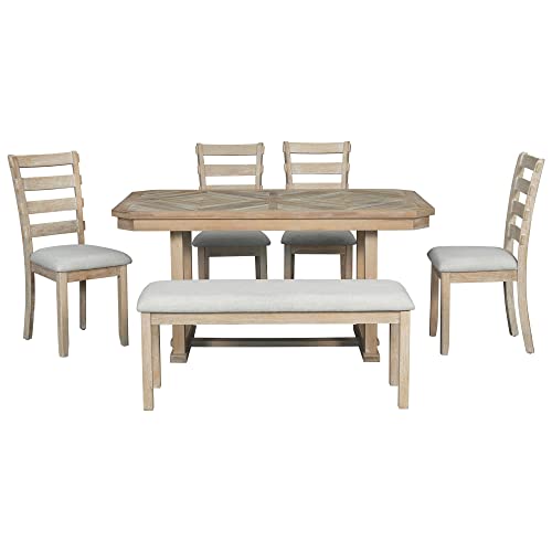 6-Piece Dining Table Set Wood Rectangular Counter Dining Table With 4 Chairs And Bench Vintage Dining Set Of 6 People For Kitchen, Dinning Room (Natural Wood Wash) #TOP6
