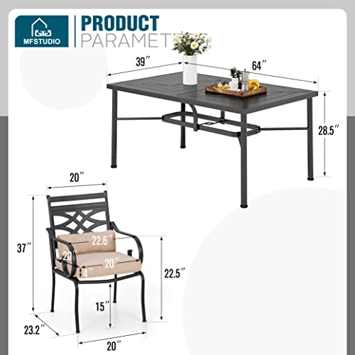 Mfstudio 7 Pieces Outdoor Patio Dining Set For 6, Steel Frame Slat Larger Rectangular Fretwork Table With 1.77" Umbrella Hole And 6 Stackable Metal Mesh Chairs For Backyard, Garden, Lawn #TOP6