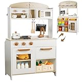 DREAM BUILDING Dual-Sided Play Kitchen for Kids Toddlers, 2-in-1 Grocery Store&Wooden Toy Kitchen Set with Coffee Machine,Pretend Kitchen Play Set with Microwave, Oven, Gift for Boys Girls