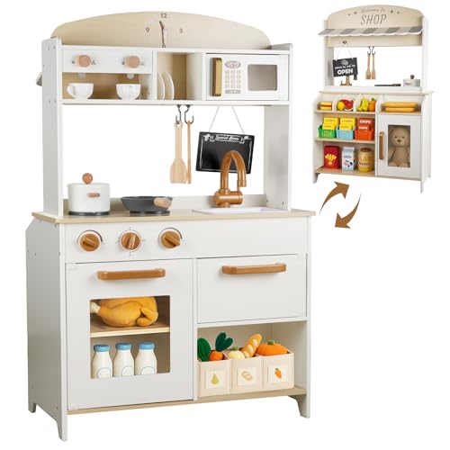 DREAM BUILDING Dual-Sided Play Kitchen for Kids Toddlers, 2-in-1 Grocery Store&Wooden Toy Kitchen Set with Coffee Machine,Pretend Kitchen Play Set with Microwave, Oven, Gift for Boys Girls