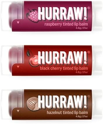 Hurraw! Raspberry Tinted, Black Cherry Tinted, Hazelnut Tinted Lip Balms, 3 Pack Bundle: Organic, Vegan, Cruelty & Gluten Free. Non-GMO, 100% Natural. Bee, Shea, Soy & Palm Free. Made in USA