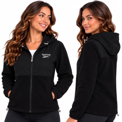 Reebok Womens Fleece Jacket, Midweight Zip Up Hooded Coat with Pockets | Warm Jersey-Bonded Polar Fleece with Adjustable Attached Hood and Hem, Reversed-Coil Zipper and Two Front Pockets - image 2