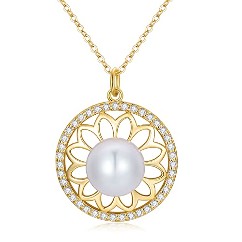 MRENITE Solid 14K Yellow Gold Flower Pearl Pendant Necklace for