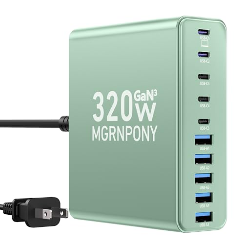 Image of 320W USB C Charger Block, MGRNPONY 10-Port GaN USB C Charging Station Green | PD 65W Laptop Fast Charger Adapter for MacBook Pro /Air, DELL, iPad, iPhone, Samsung Galaxy