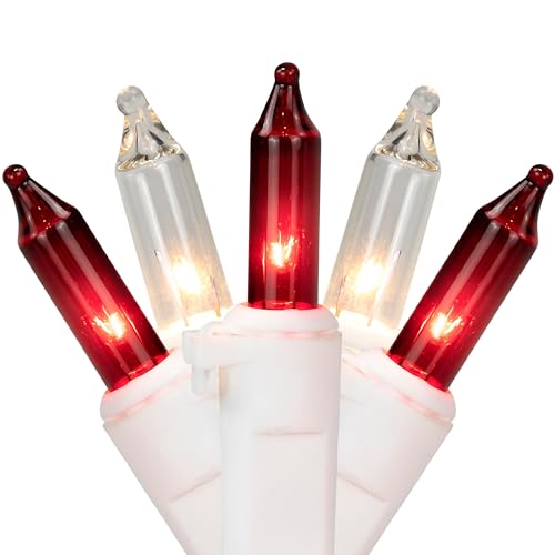 50 Count Red and Clear Mini Christmas Light Set, 10ft White Wire