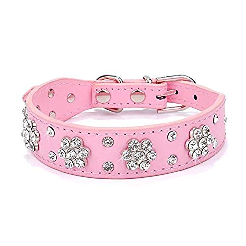 haoyueer, collare per cani e gatti con strass a fiore, collare in pelle PU regolabile per taglia S, M e L (S, rosa)