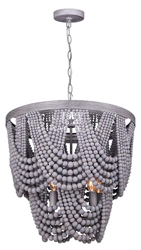 Nicole Chandelier - 5-Light, 60W Type C, Grey Real Wood Beads, 18.5' W x 23' H, Unique Design for...