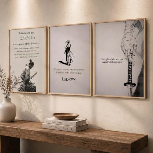 Image of kotart Japanese Samurai Motivational Art Wall Framed Posters | Aesthetic Japanese Theme Framed Poster for Living Room Bedroom Gaming Room Studio Wall Decor Set Of 3 (13X17 inch)