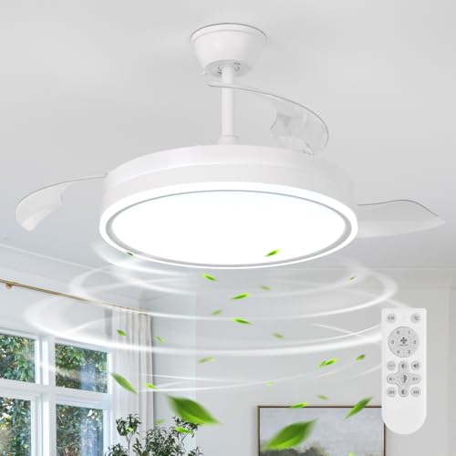 Dorlink Ventilador de Techo Retráctil 34 Pulgadas con Luces, Control Remoto LED con Dimerización Continua, Ventilador-lámpara Moderno Para Dormitorio/Salón/Cocina, 3000K-6500K, 6 Velocidades