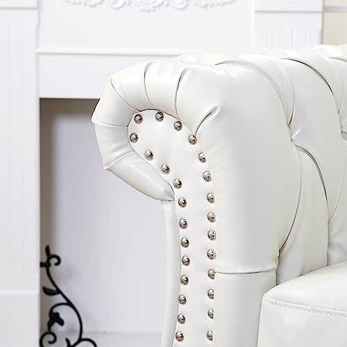 Image of LEVNARY Leather Upholstered Armchair, Mid-Century Modern Single Sofa Chair with Rolled Arms and Nailhead, Tufted Pu Leather Chesterfield Chair for Home Bedroom Reading Room (Cream White)